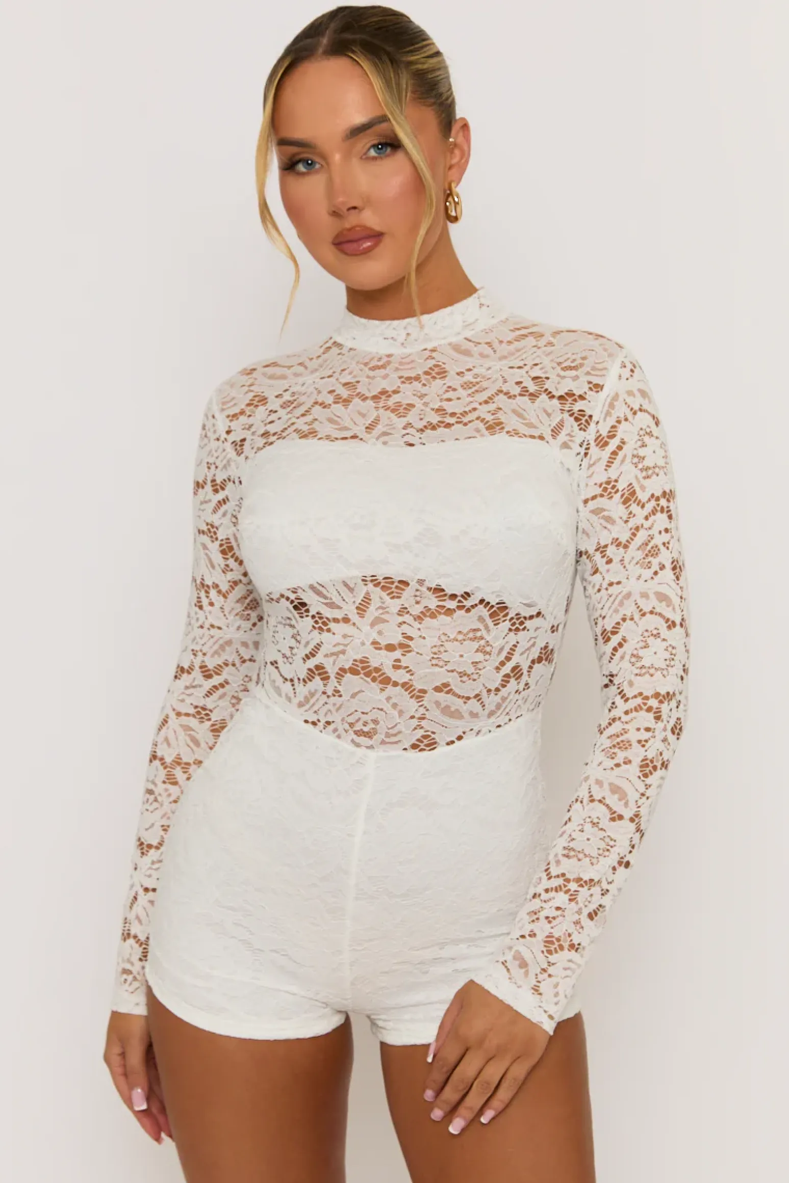 Rebellious Fashion White High Neck Lace Playsuit - Demi