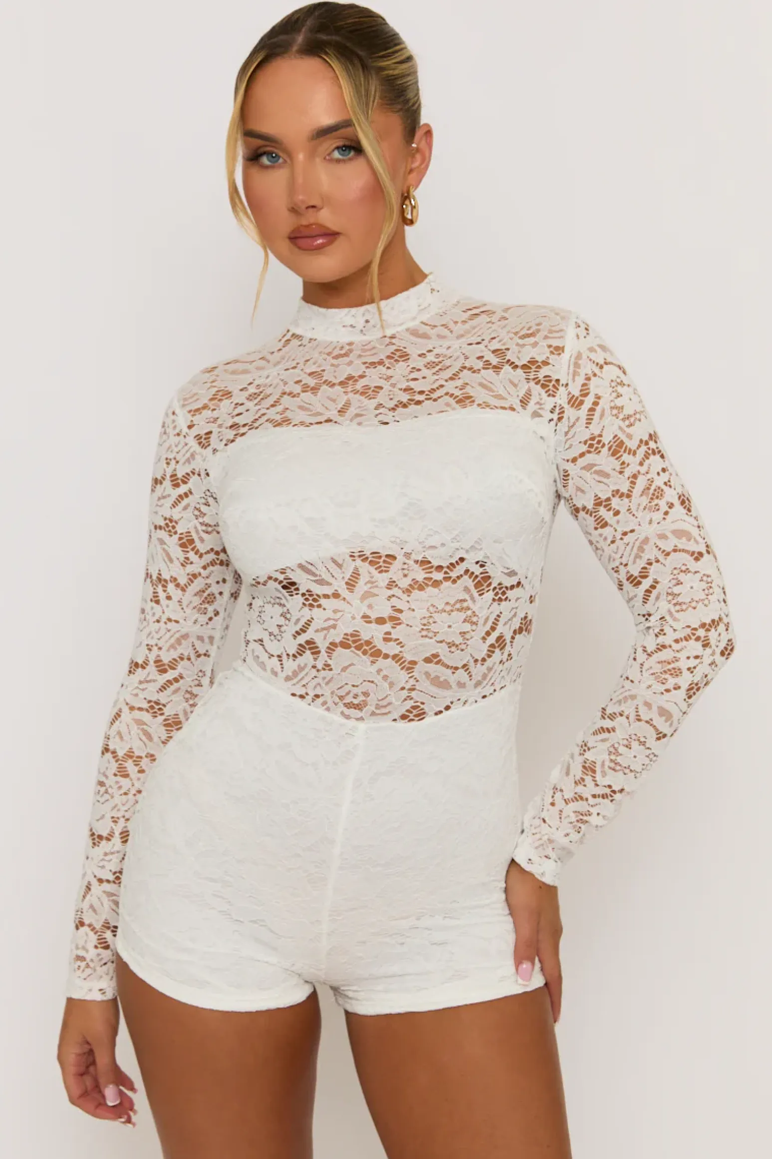 Rebellious Fashion White High Neck Lace Playsuit - Demi