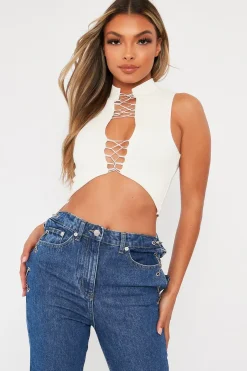 Rebellious Fashion White High Neck Lace Up Detail Sleeveless Crop Top - Jeniya