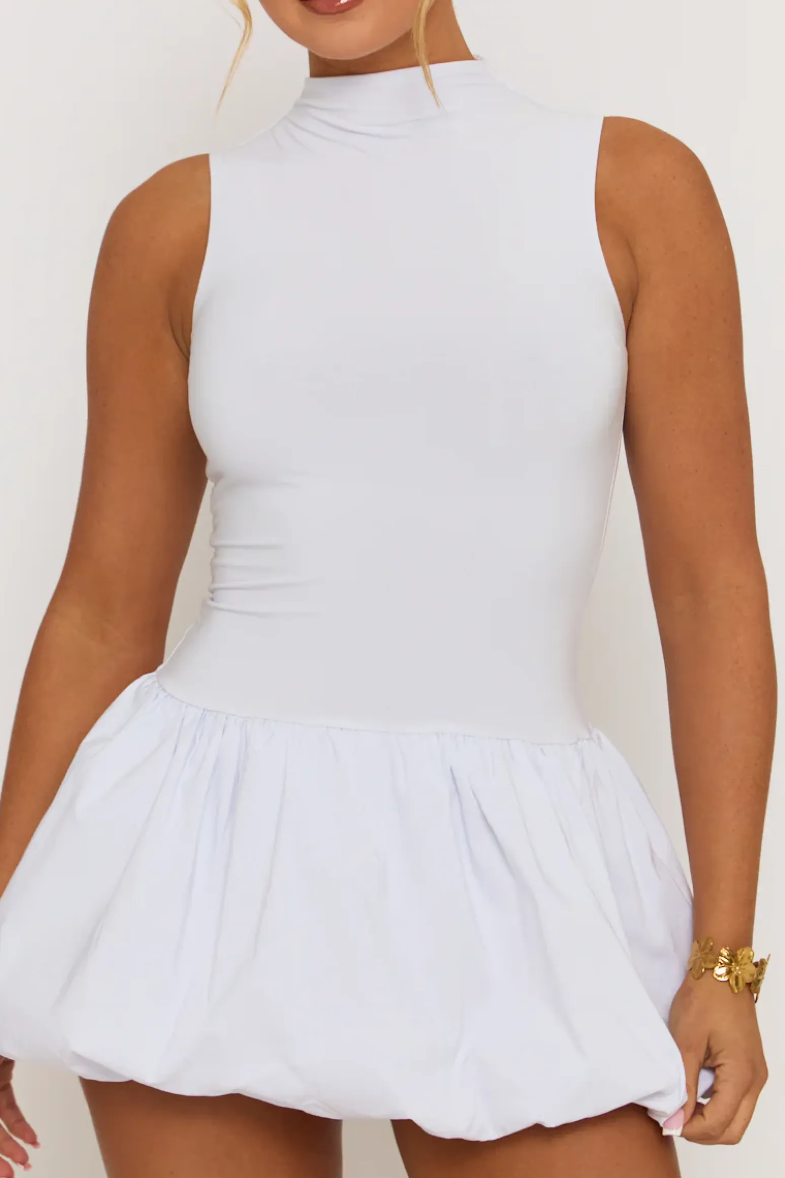 Rebellious Fashion White High Neck Puffball Mini Dress - Carmelita
