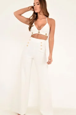 Rebellious Fashion White High Waisted Wide Leg Button Front Trousers - Gidget