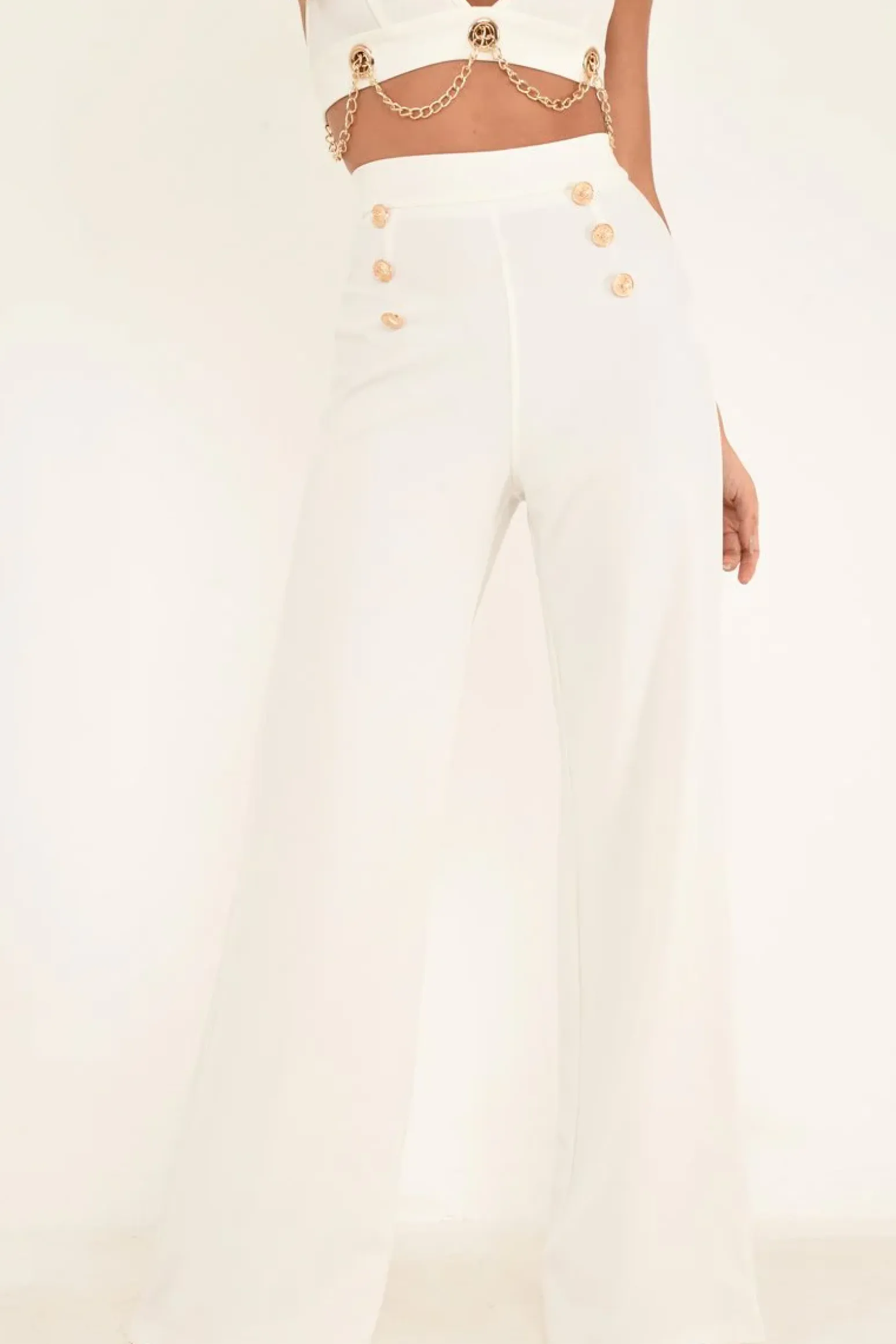 Rebellious Fashion White High Waisted Wide Leg Button Front Trousers - Gidget