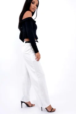Rebellious Fashion White High Waist Flare Trousers with Black Sash Belt - Lila