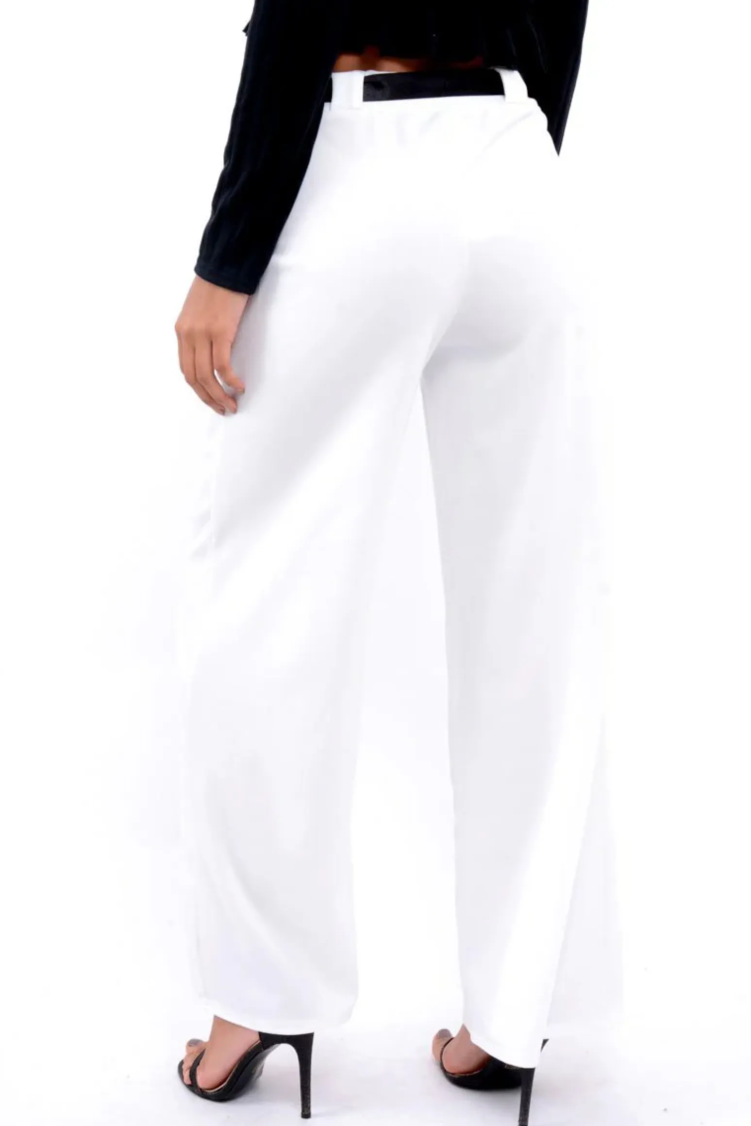 Rebellious Fashion White High Waist Flare Trousers with Black Sash Belt - Lila