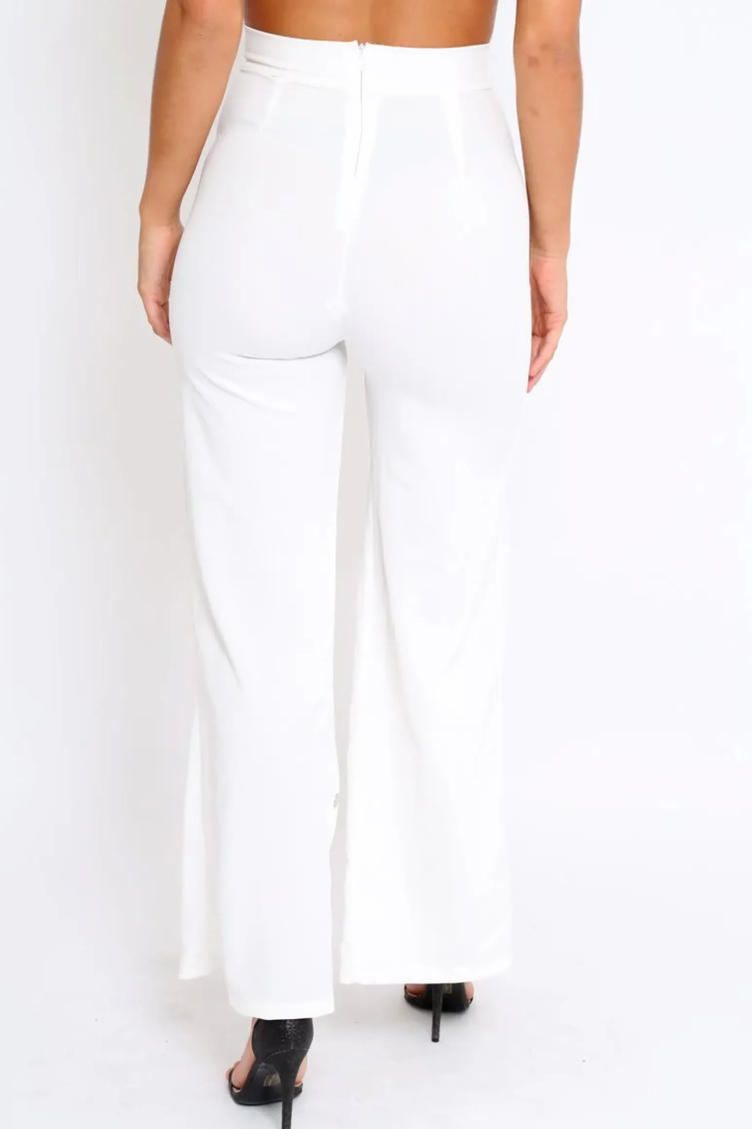 Rebellious Fashion White High Waist Flare Trousers with Popper detail -Tamy