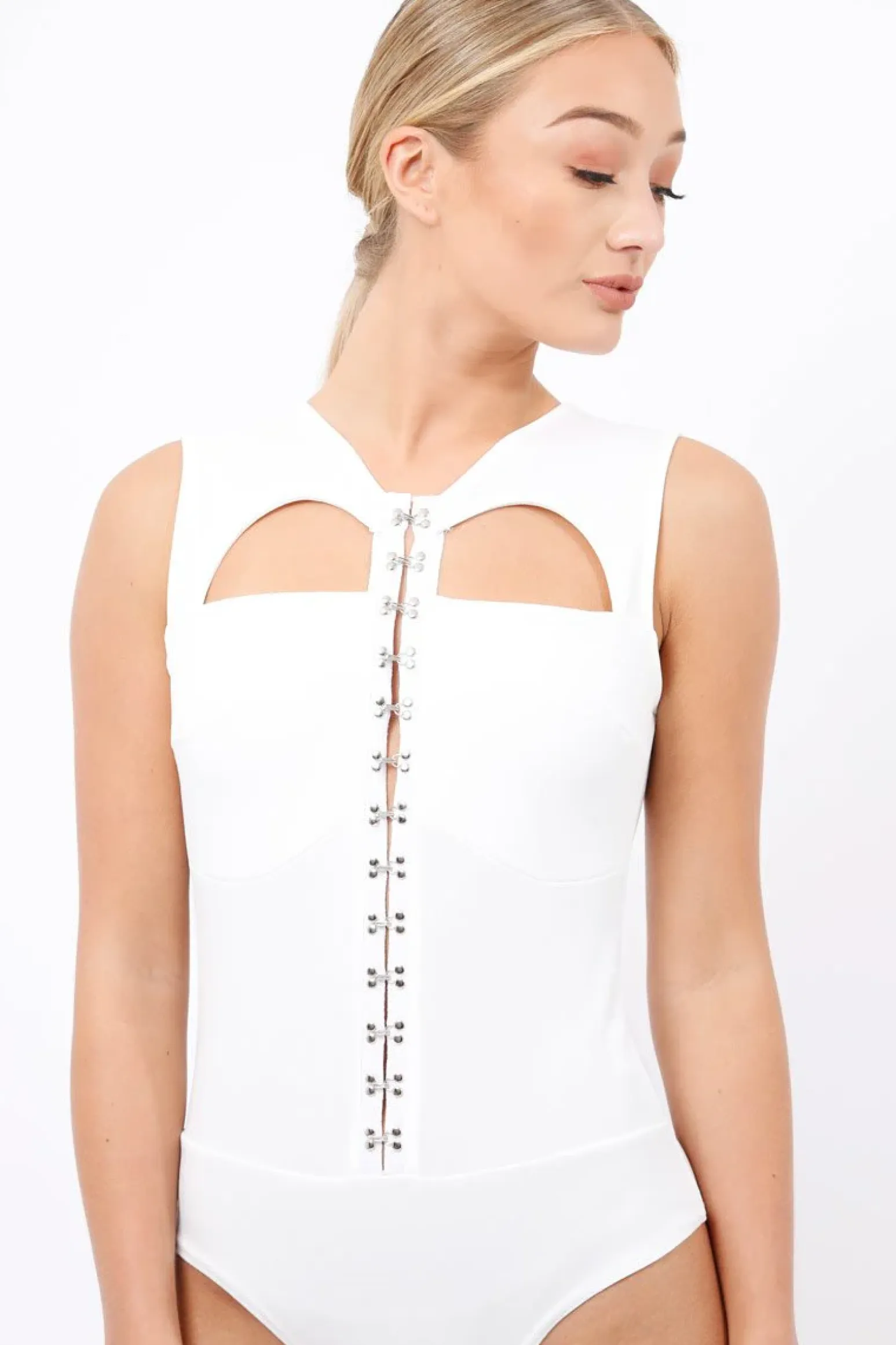 Rebellious Fashion White Hook And Eye Cut Out Bodysuit - Reign