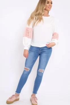 Rebellious Fashion White Jumper with Fur and Pearl Sleeves - Izabella