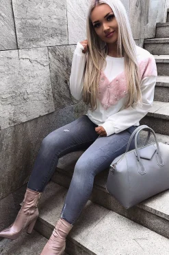 Rebellious Fashion White Jumper with Fur and Pearl Front - Annita