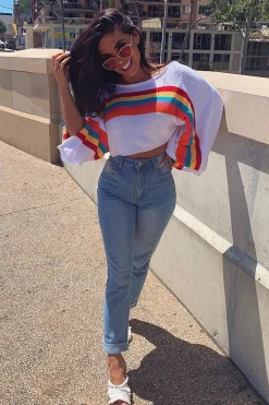 Rebellious Fashion White Jumper with Stripe Rainbow Middle Jumper - Dasie