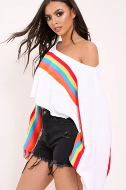 Rebellious Fashion White Jumper with Stripe Rainbow Middle Jumper - Dasie