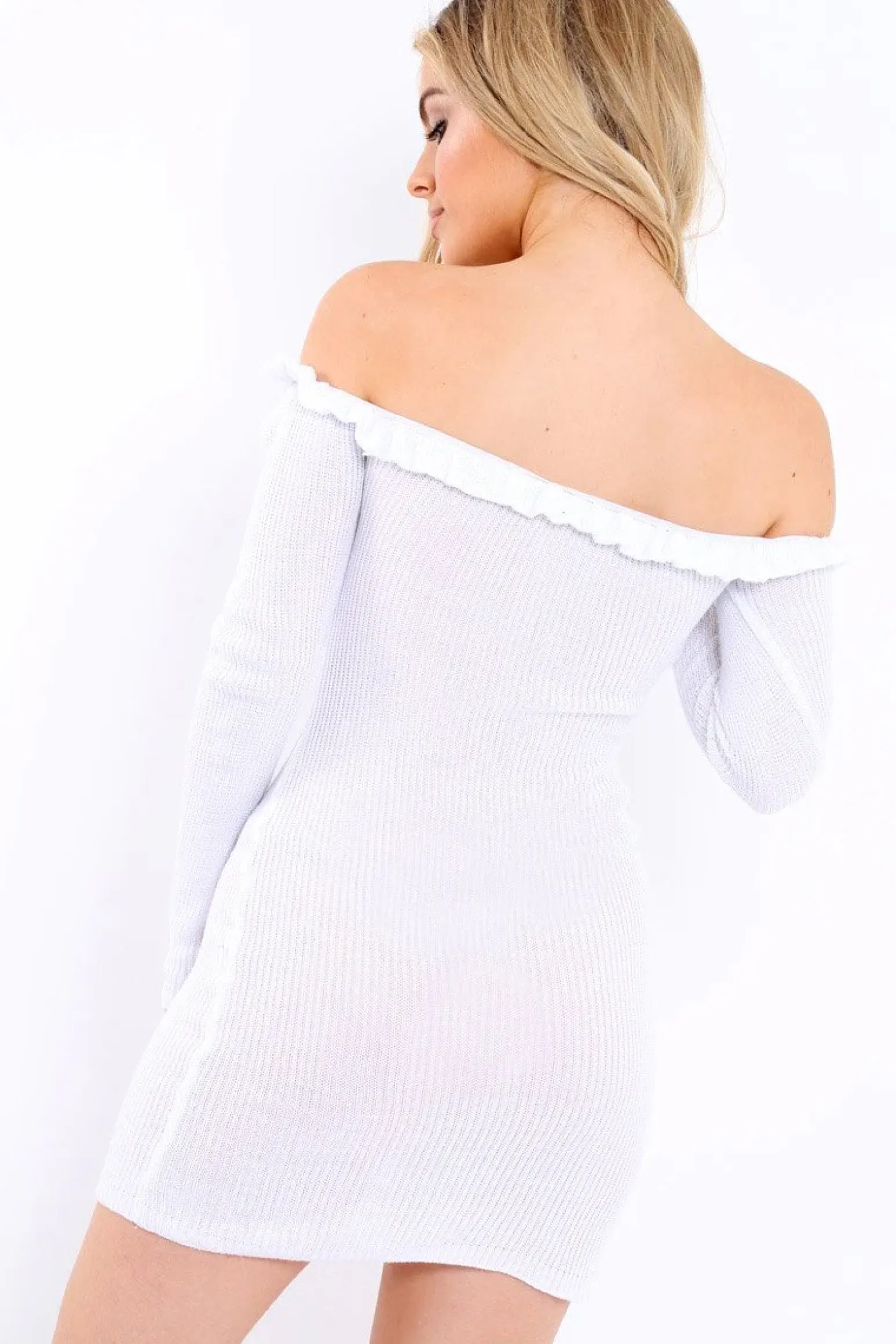 Rebellious Fashion White Knit Bardot Midi Dress - Brianna