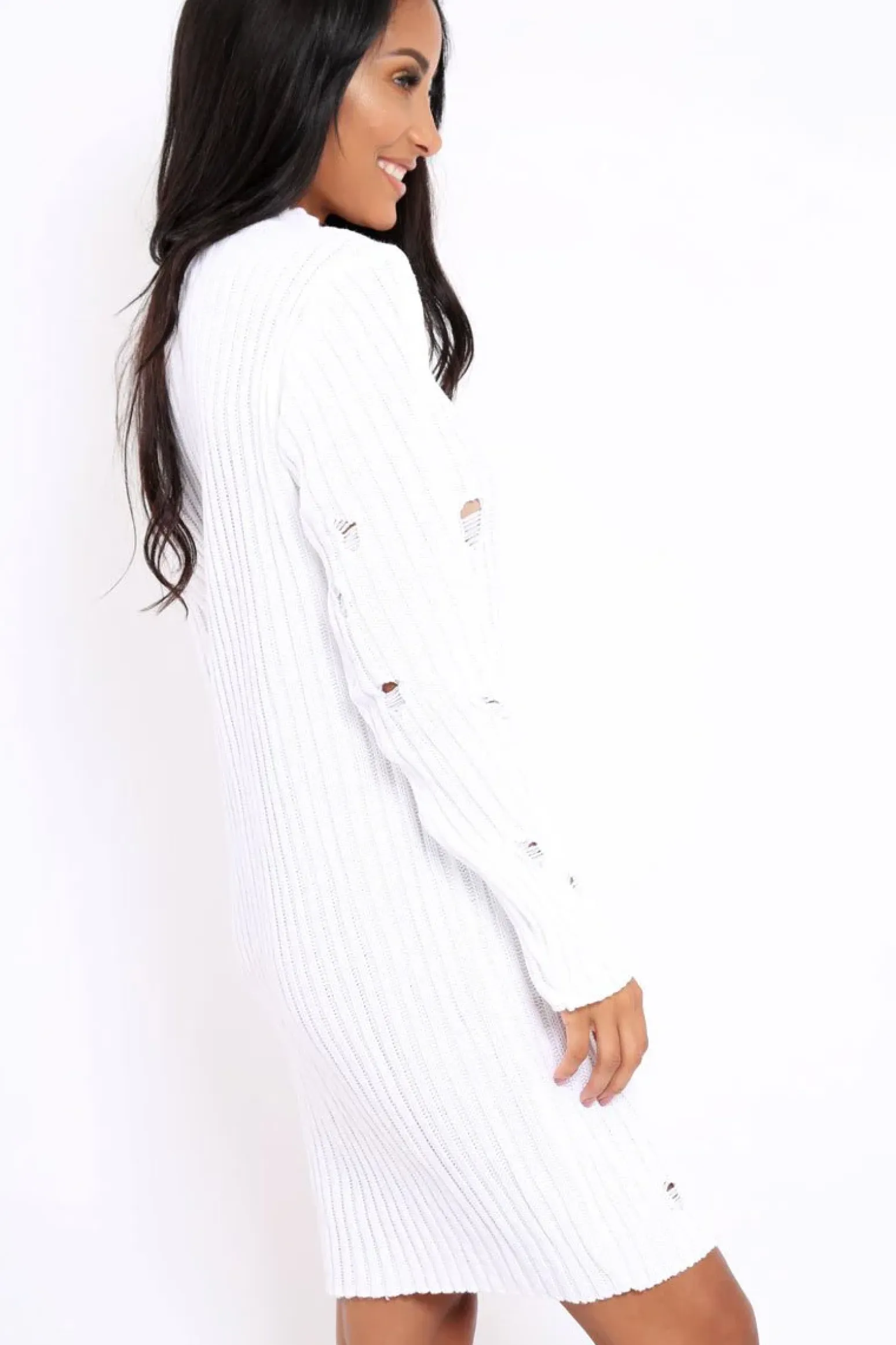 Rebellious Fashion White Knit Distressed Jumper Dress - Cheryl