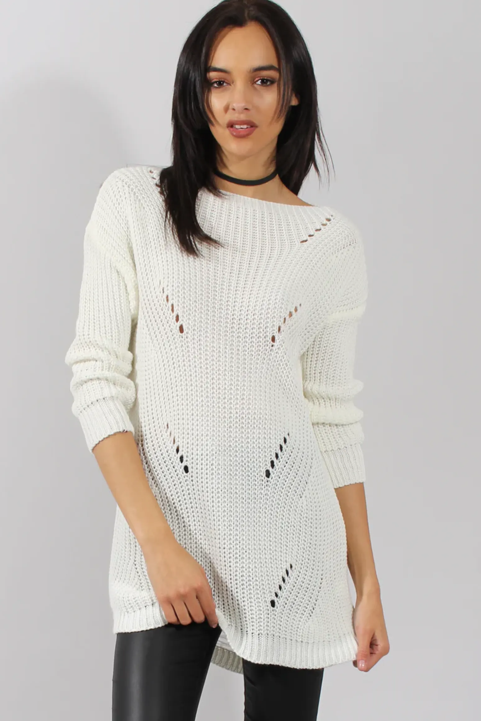 Rebellious Fashion White Knitted Distressed Back Jumper Dress - Cara
