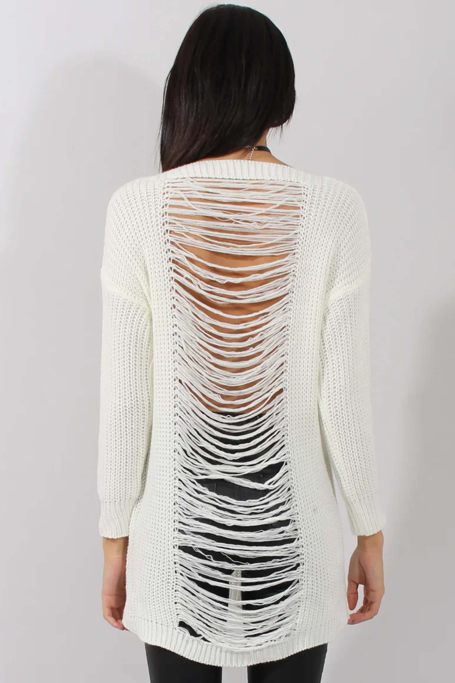 Rebellious Fashion White Knitted Distressed Back Jumper Dress - Cara