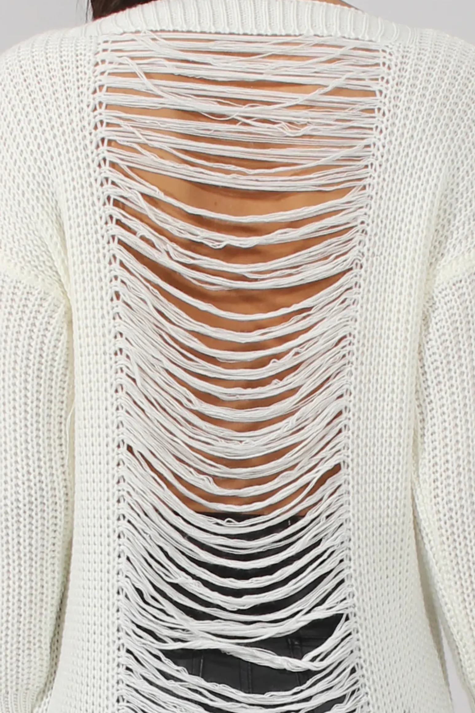Rebellious Fashion White Knitted Distressed Back Jumper Dress - Cara