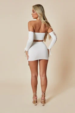 Rebellious Fashion White Knot Detail Bandeau Cropped Top & Mini Skirt Set - Piu