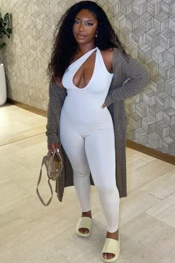 Rebellious Fashion White Knot Strap Slinky Jumpsuit - Imani