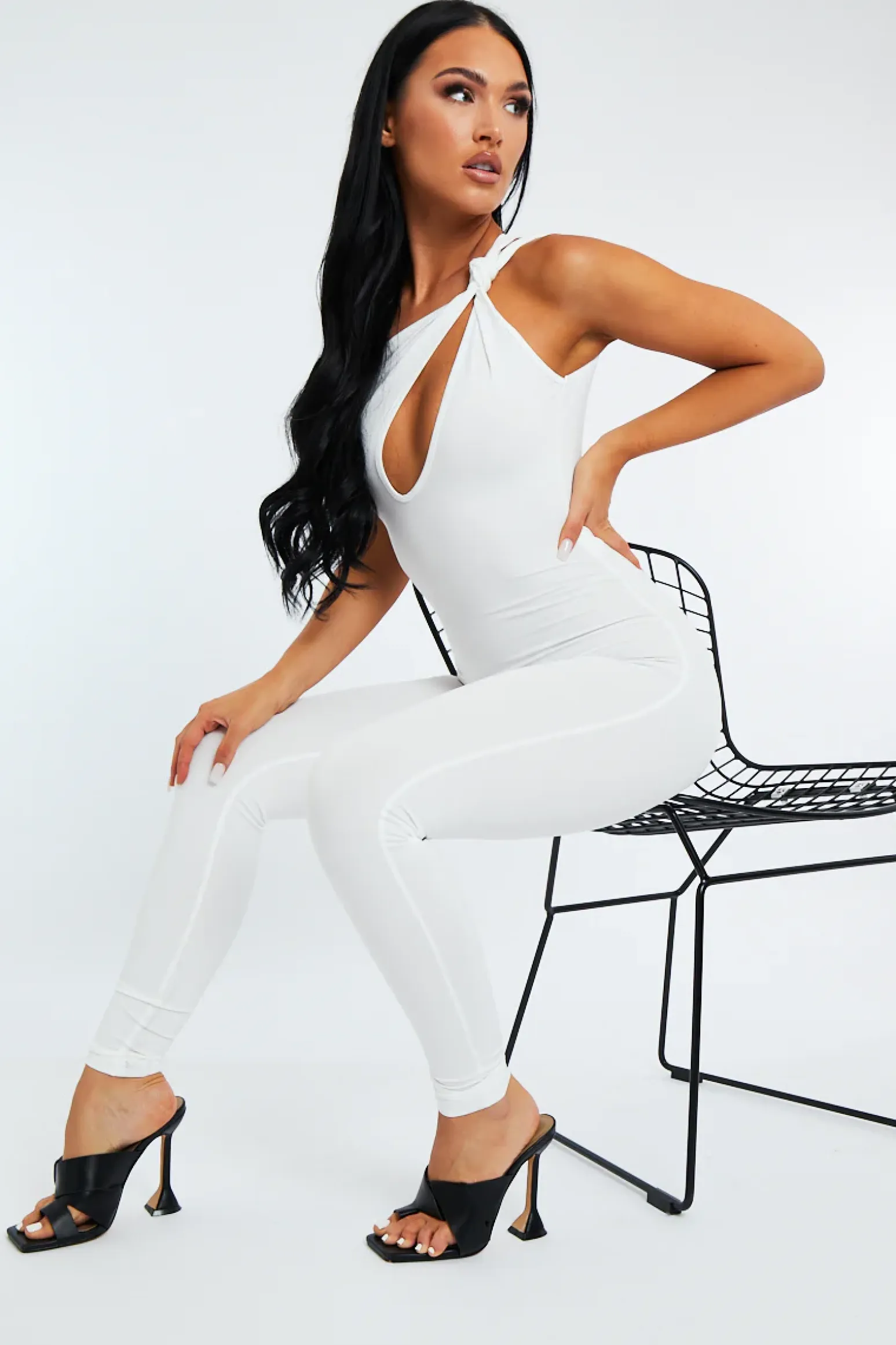 Rebellious Fashion White Knot Strap Slinky Jumpsuit - Imani