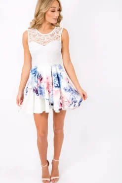 Rebellious Fashion White Lace & Floral Layered Skater Dress - Francesca