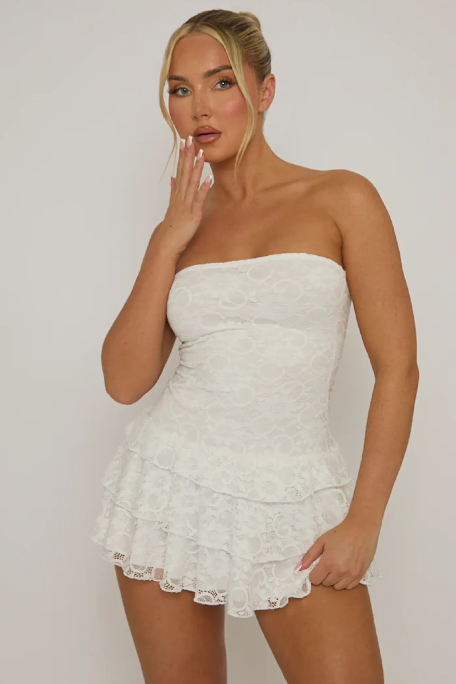 Rebellious Fashion White Lace Bandeau Ruffle Mini Dress - Barbarella