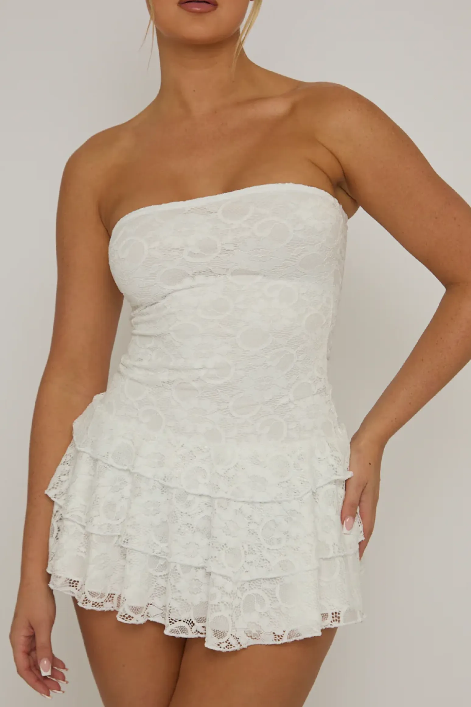 Rebellious Fashion White Lace Bandeau Ruffle Mini Dress - Barbarella
