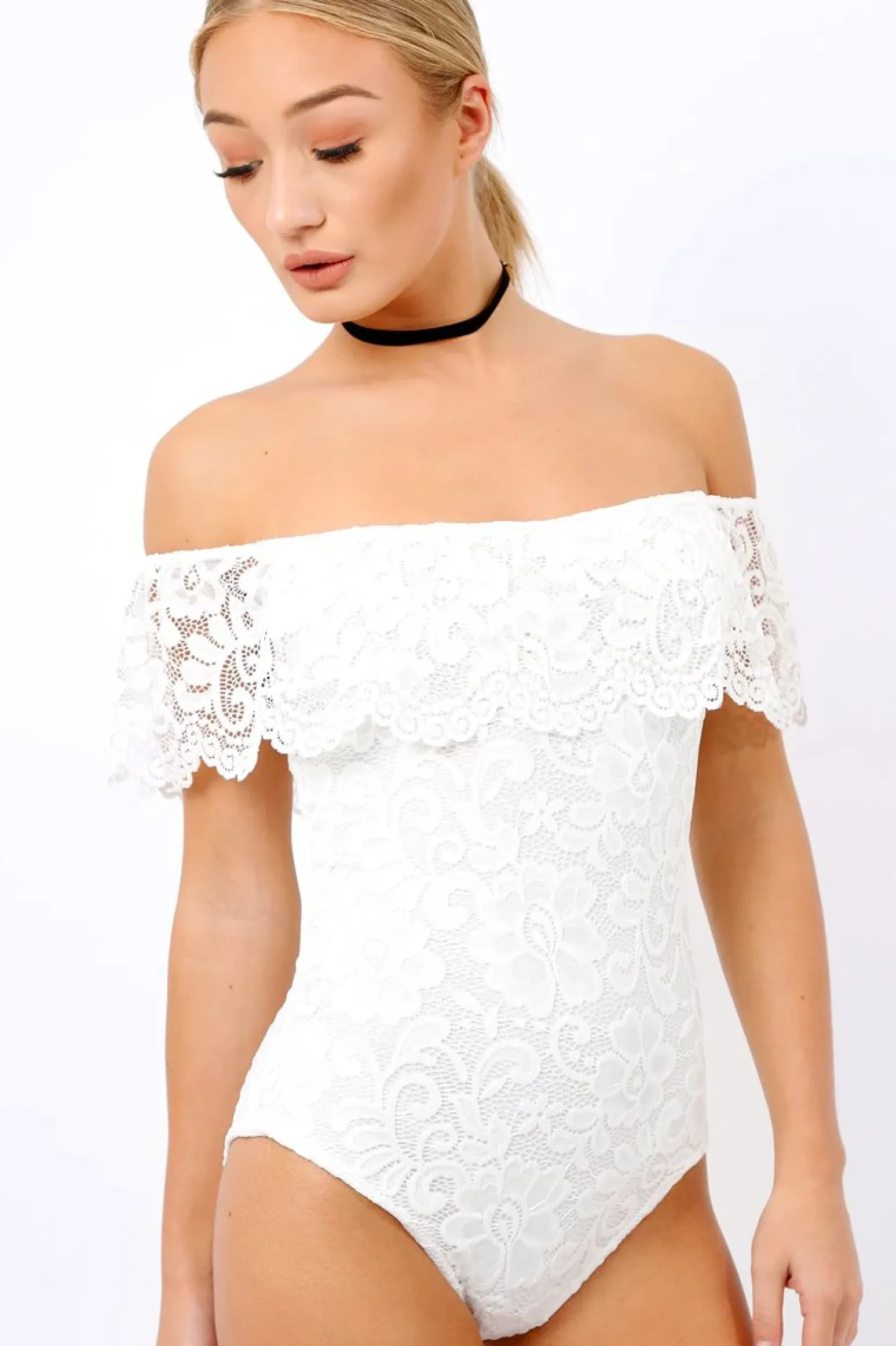 Rebellious Fashion white Lace Bardot Bodysuit - Rae