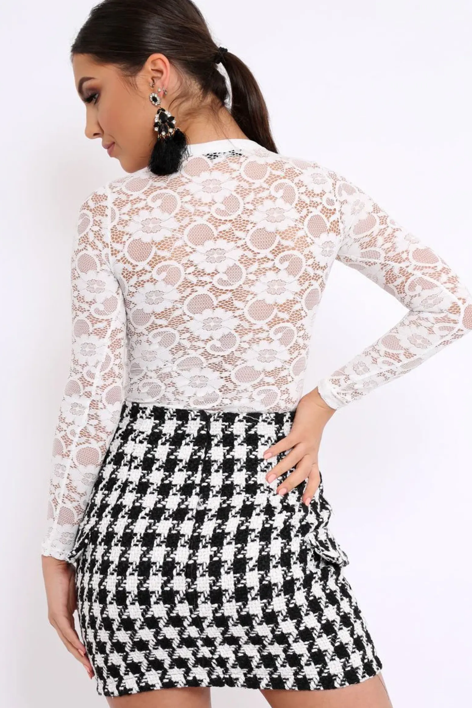 Rebellious Fashion White Lace Bodysuit with Lace Up Front - Khiana