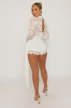 Rebellious Fashion White Lace Draped Wrap Playsuit - Rina