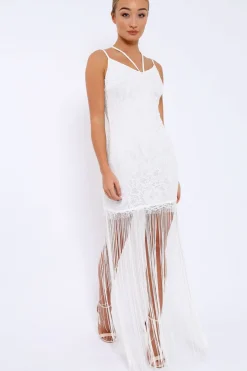 Rebellious Fashion White Lace Dress with Long Tassel Hems - Zana