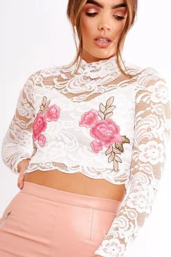 Rebellious Fashion White Lace Embroidered High Neck Crop Top - Larissa
