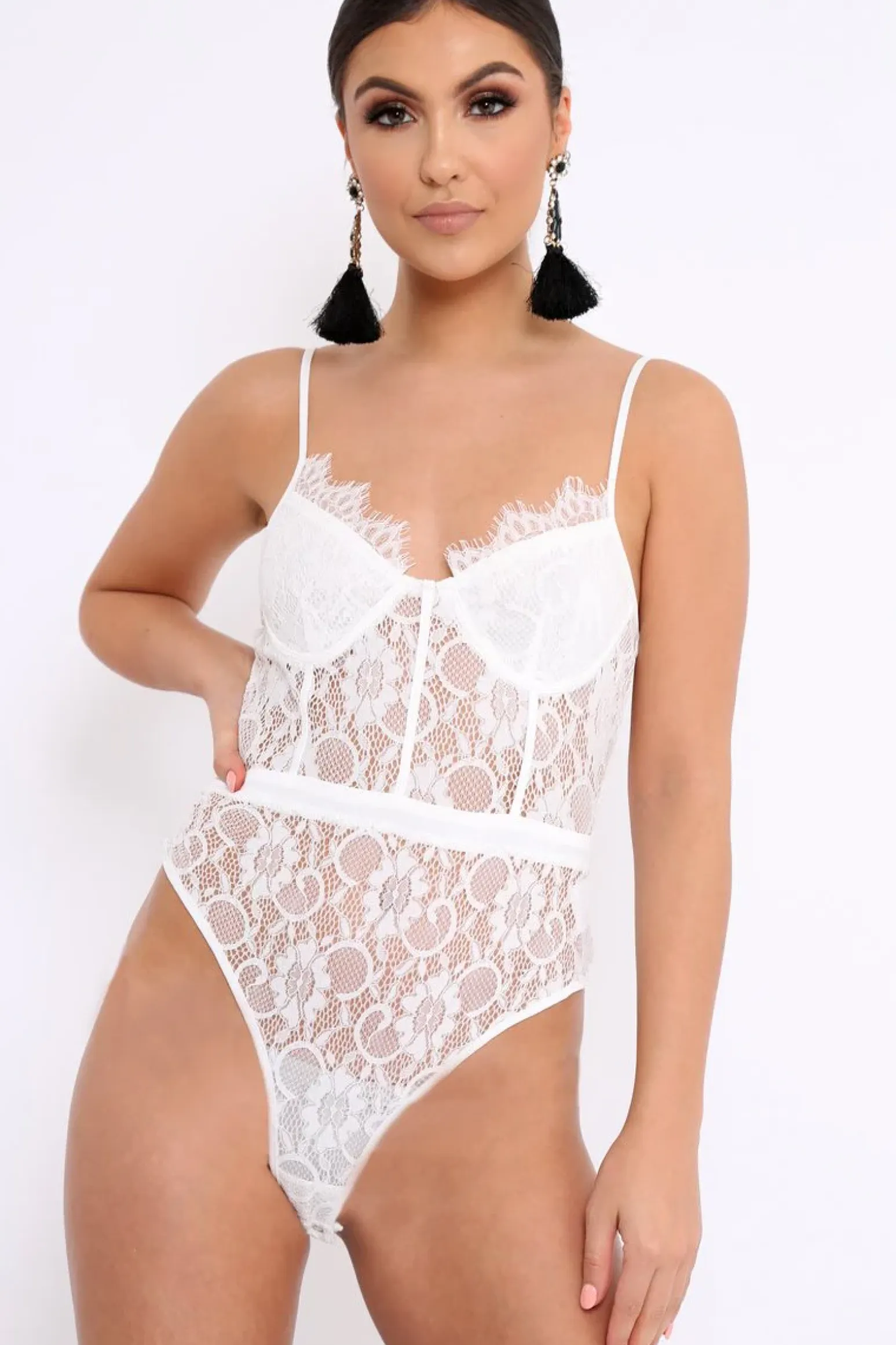 Rebellious Fashion White Lace Flower Bodysuit - Faylen