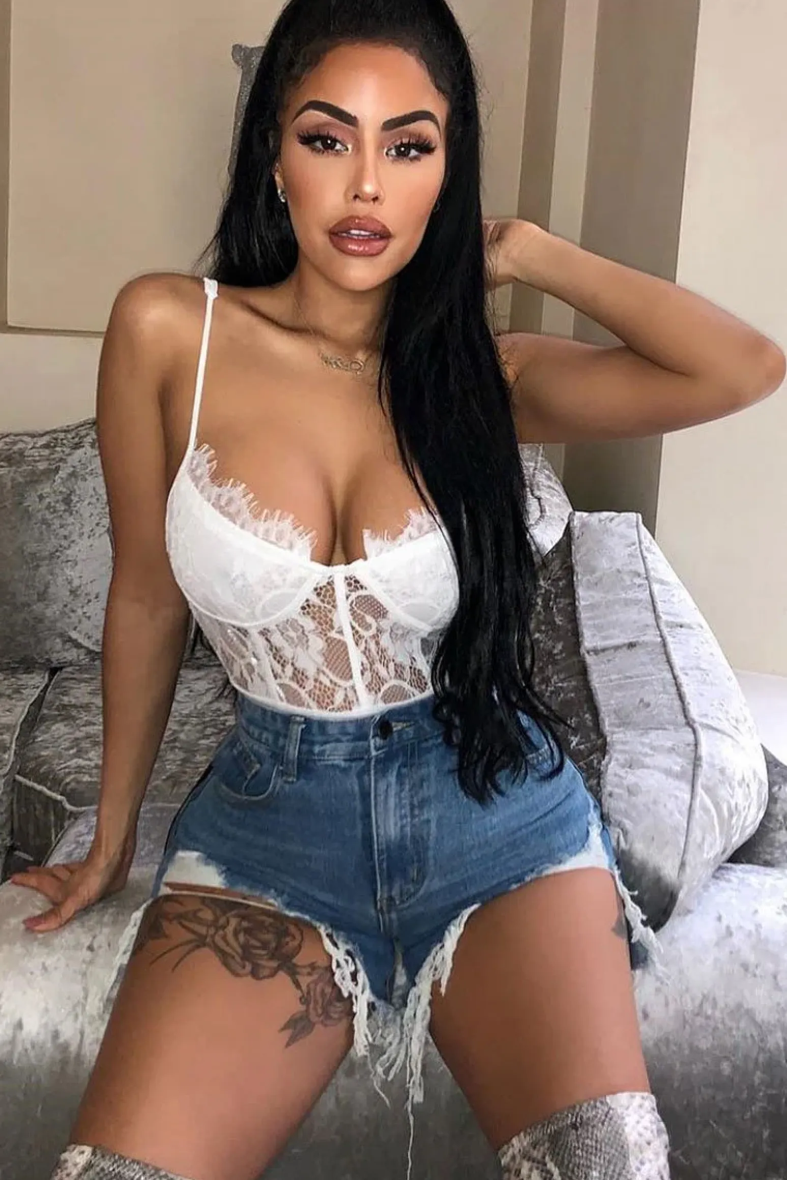 Rebellious Fashion White Lace Flower Bodysuit - Faylen