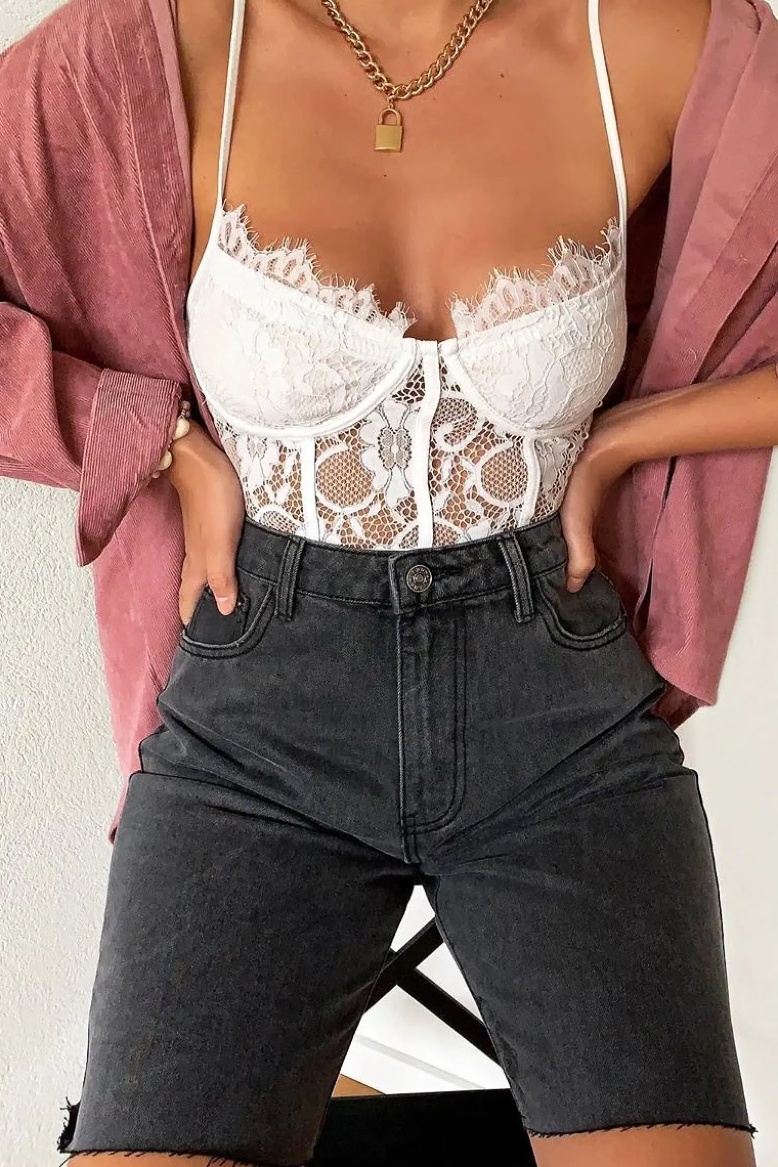 Rebellious Fashion White Lace Flower Bodysuit - Faylen