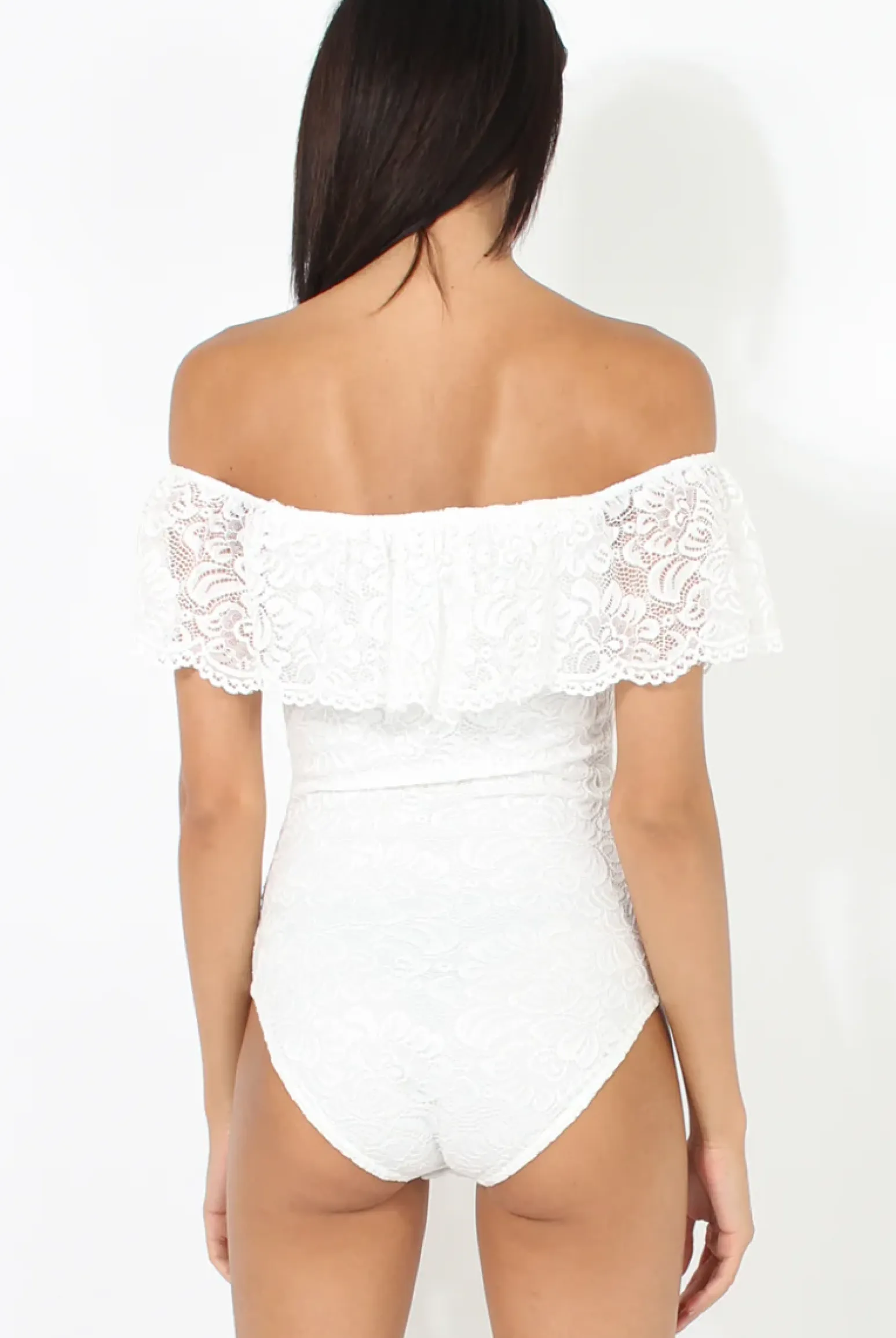 Rebellious Fashion White Lace Frill Bardot Bodysuit - Tonika