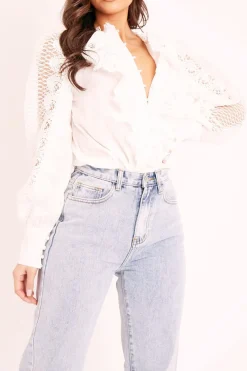 Rebellious Fashion White Lace Frill Covered Button Up Shirt - Priscila