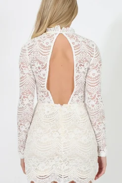 Rebellious Fashion White Lace High Neck Mini Dress - Taya