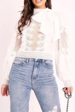 Rebellious Fashion White Lace Panel Neck Tie Blouse - Ophia