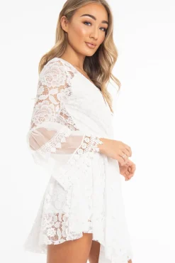 Rebellious Fashion White Lace Plunge Wrap Bell Sleeve Mini Dress - Kristina