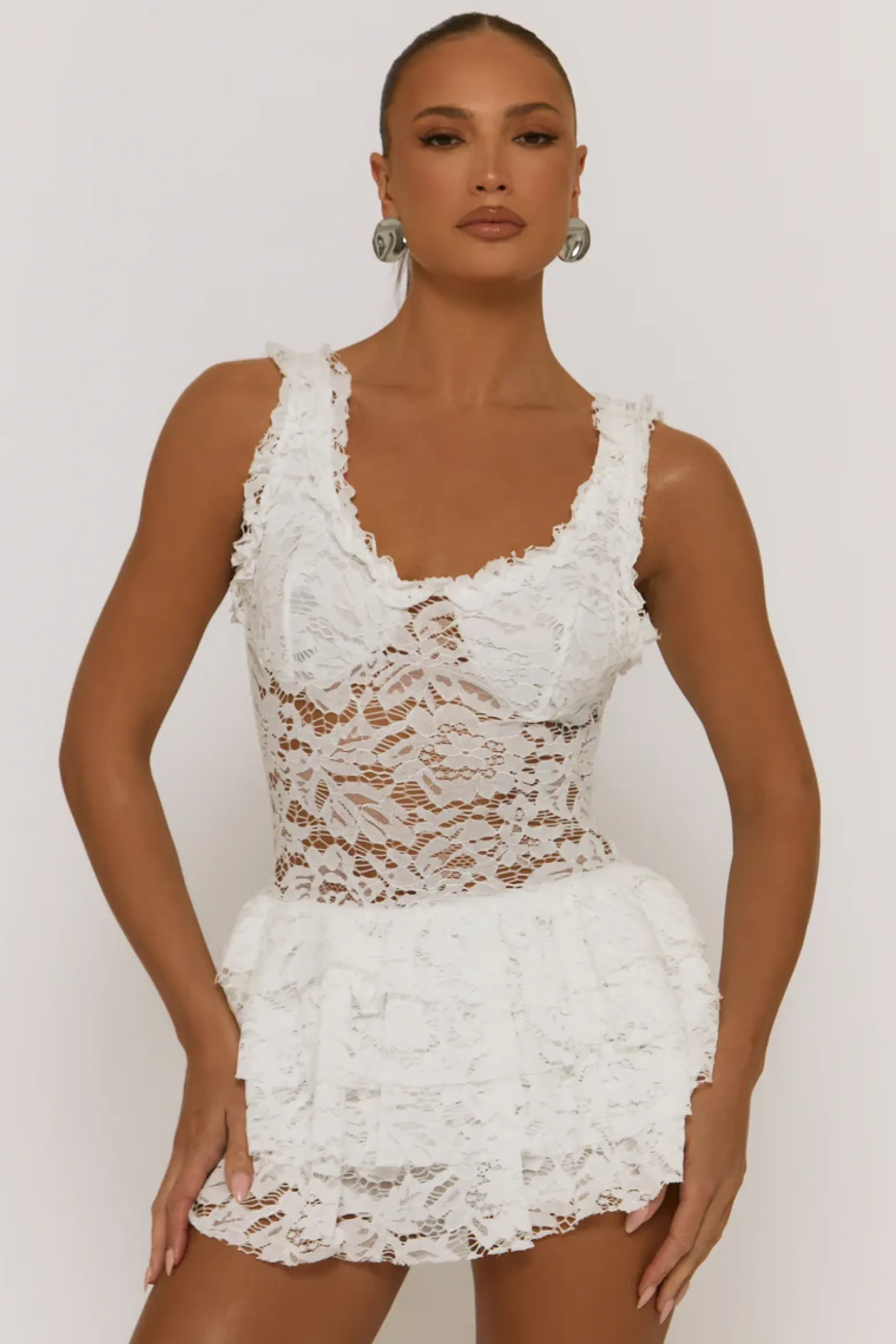 Rebellious Fashion White Lace Ruffle Tiered Playsuit - Marjorie