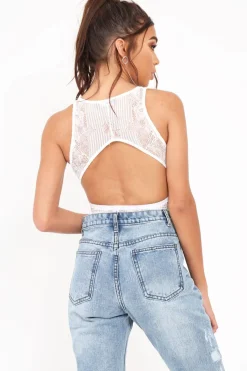 Rebellious Fashion White Lace Sleeveless Open Back Bodysuit - Molina
