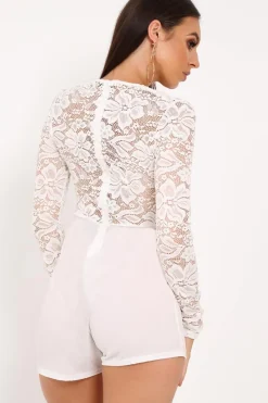 Rebellious Fashion White Lace Top Plunge Playsuit - Nicha