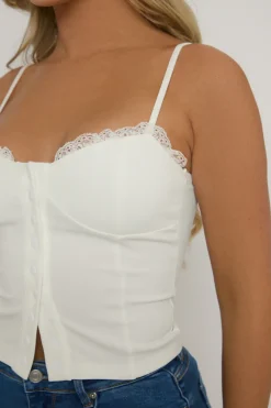 Rebellious Fashion White Lace Trim Button Down Corset Top - Merilyn