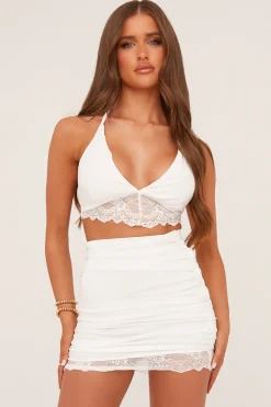 Rebellious Fashion White Lace Trim Detail Bralette & Ruched Mini Skirt Co-ord Set - Saskia
