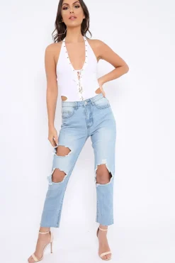 Rebellious Fashion White Lace Up Front And Cut Out Side Bodysuit - Jaslin