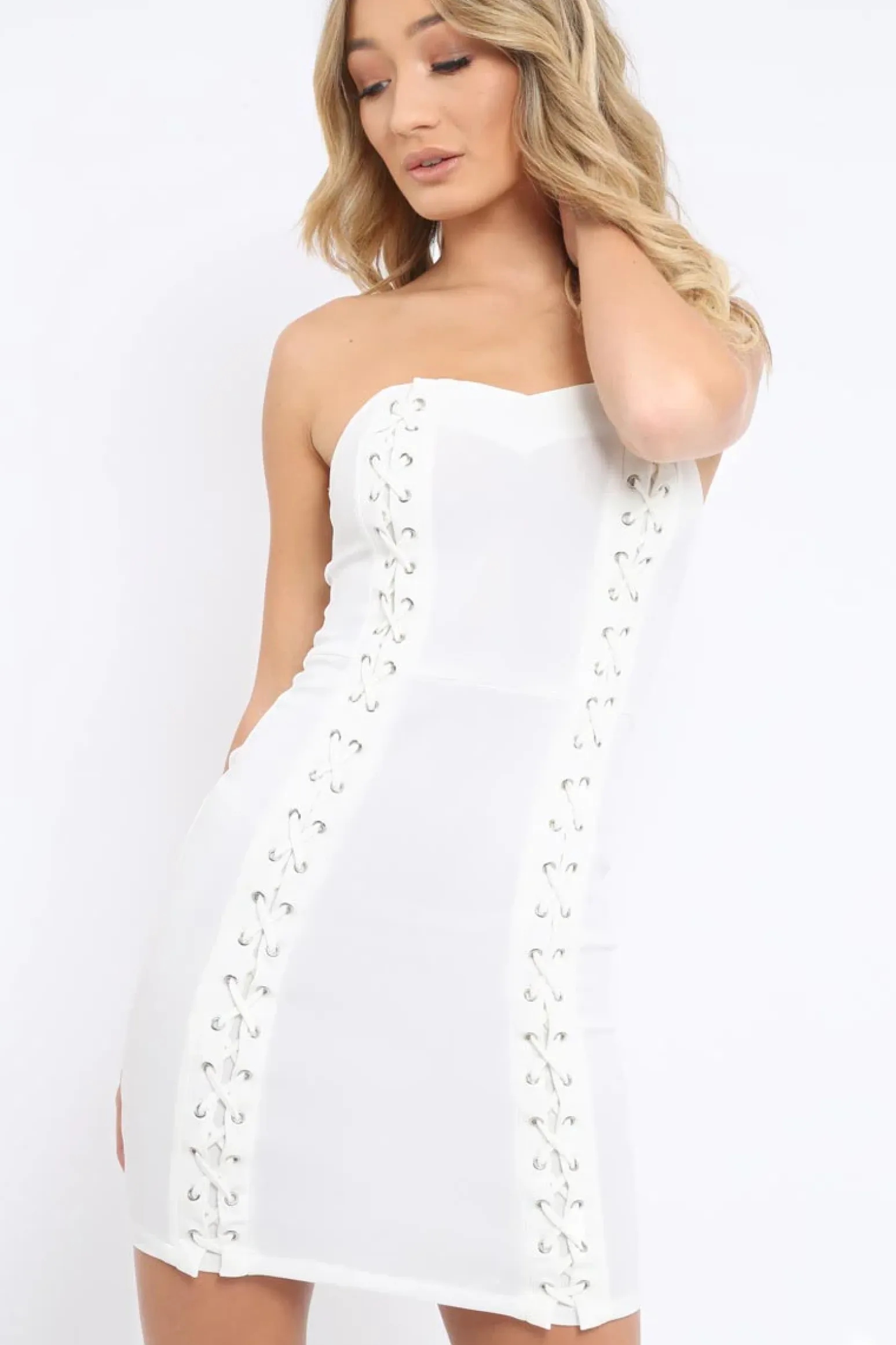 Rebellious Fashion White Lace Up Front Bandeau Mini Dress - Lily