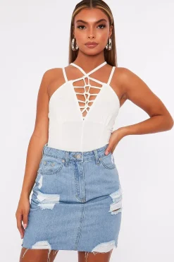 Rebellious Fashion White Lace Up Front Bodysuit - Gea