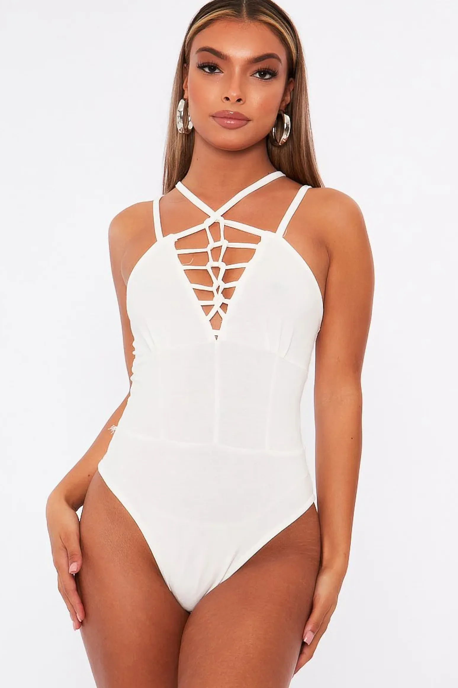 Rebellious Fashion White Lace Up Front Bodysuit - Gea