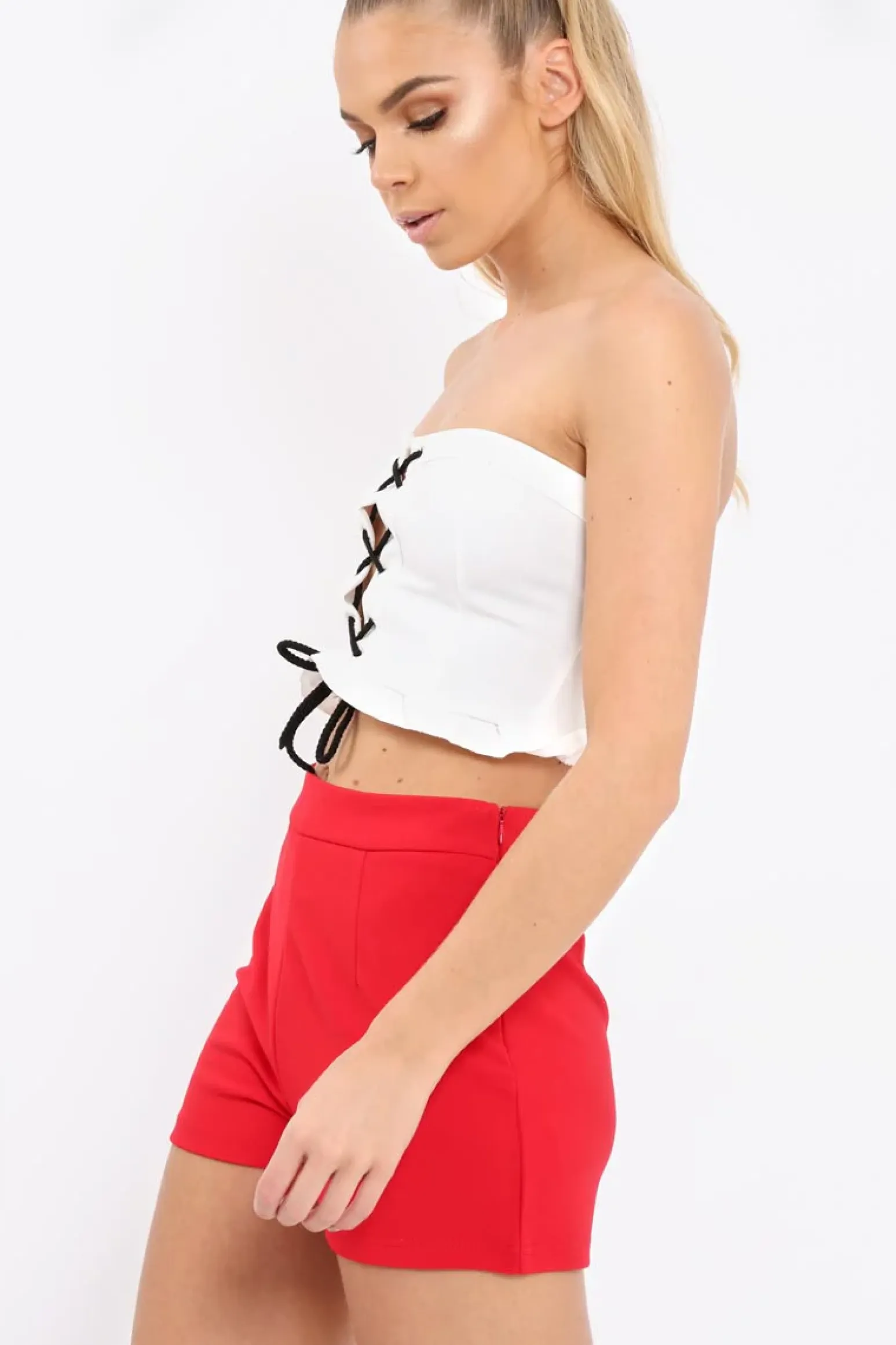 Rebellious Fashion White Lace Up Front Frill Bandeau Crop Top - Cyndi