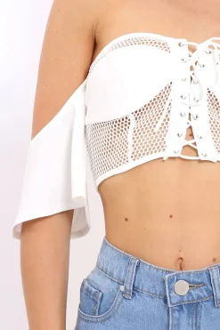 Rebellious Fashion White Lace Up Front Mesh Gypsy Top - Shari