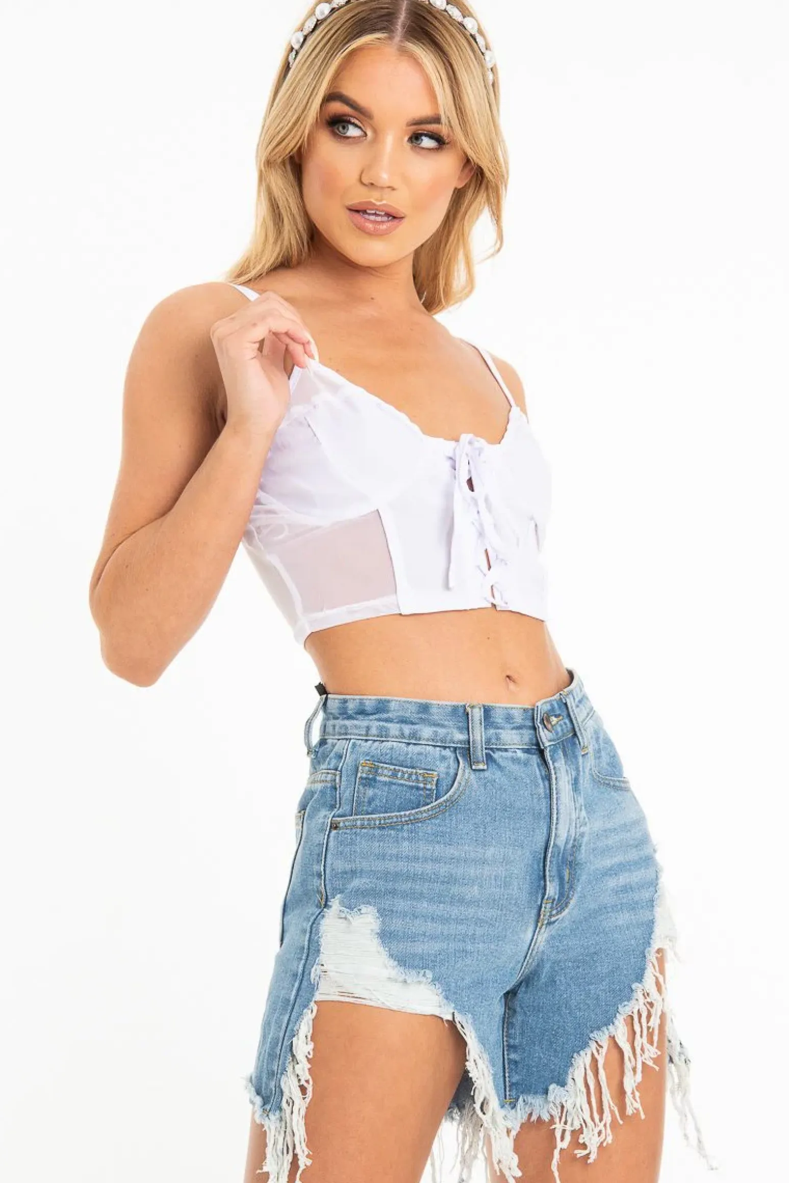 Rebellious Fashion White Lace Up Mesh Detail Plunge Crop Top - Mimi